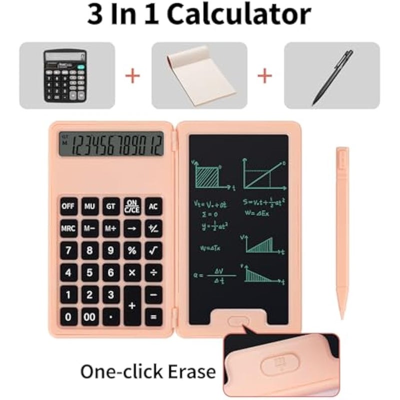 Arabest Desk Portable Basic Calculator with Notepad and Stylus, 12 Digit Large Display Multi-Function for Office, School, Home & Basic Financial (Pink) - Image 2